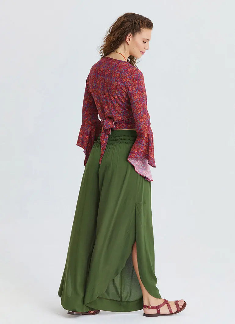 Khaki Womens Viscose Trousers with Lace-Up Detail and Side Slit