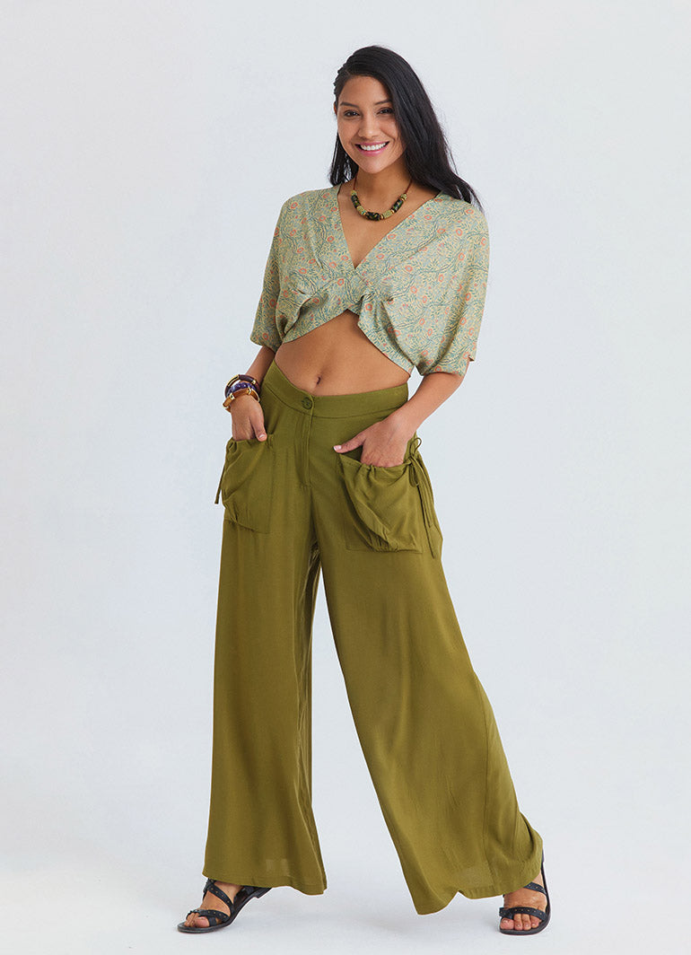 Loose Fit Green Womens Baggy Trousers with Pocket Detail 4867