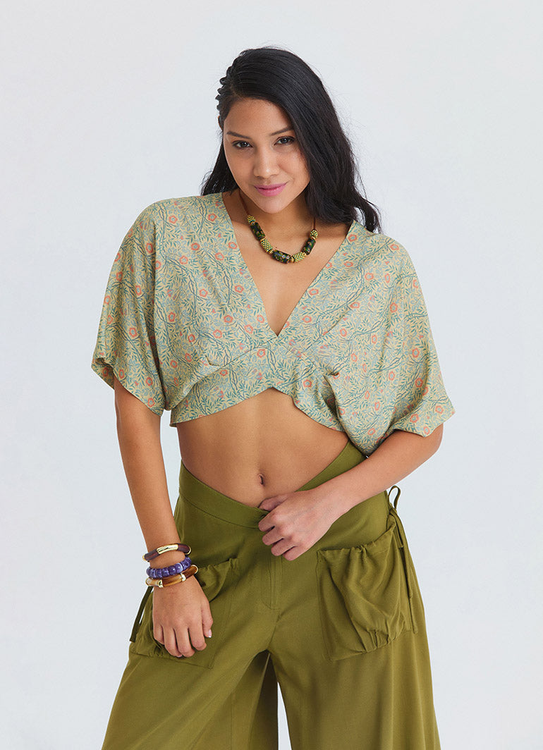 Crossover Neckline Backless Flowing Yellow Floral Blouse 4884