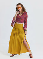 Drape Detail Slit Mustard Long Skirt  4905