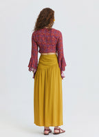 Drape Detail Slit Mustard Long Skirt  4905
