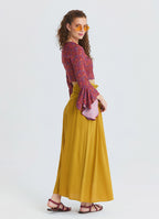 Drape Detail Slit Mustard Long Skirt  4905