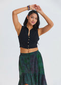 Black Crop Top with Shirt Collar and Button Details 4934