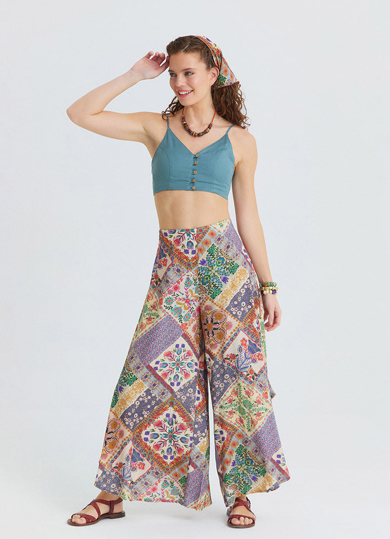 Regular Waist Asymmetrical Cut Beige Floral Womens Ethnic Trousers 4863