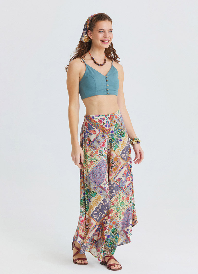 Regular Waist Asymmetrical Cut Beige Floral Womens Ethnic Trousers 4863