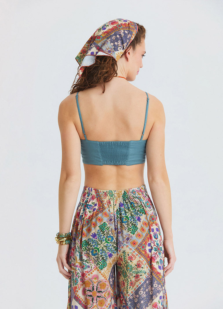 Blue Crop Top with Thin Straps and Button Detail  4916