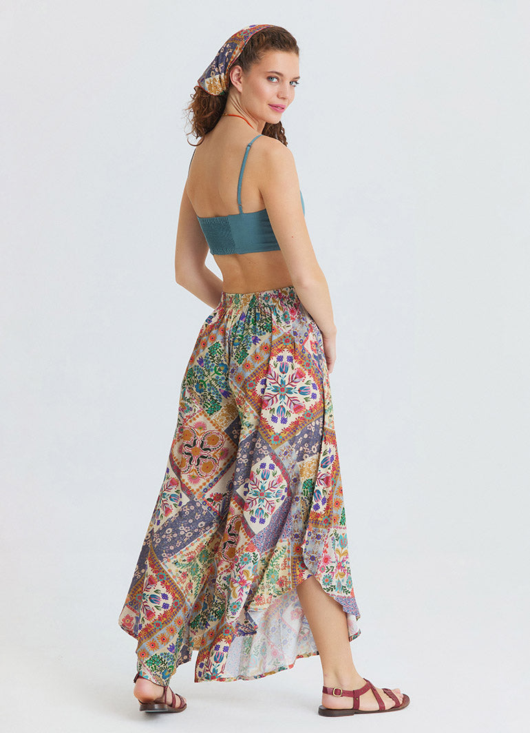 Regular Waist Asymmetrical Cut Beige Floral Womens Ethnic Trousers 4863