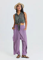 Elasticated Waistband, Cross Over Detail Lilac Women's Relaxed Fit Trousers 4844