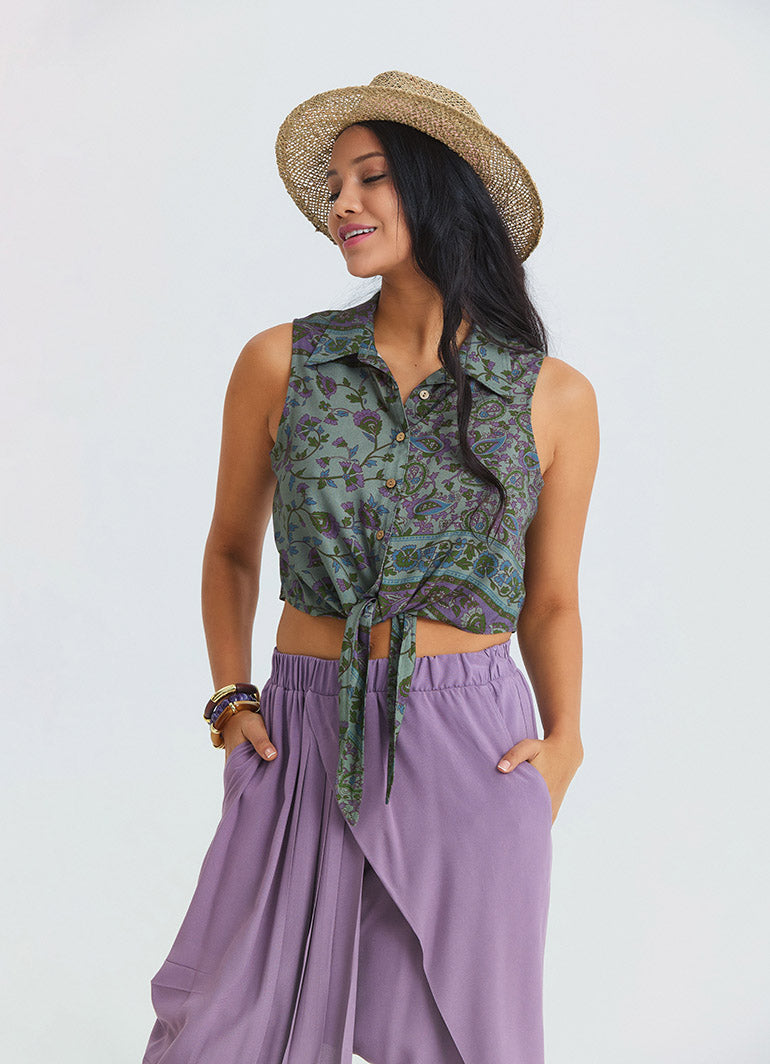 Shirt Collar Asymmetrical Cut Agora Crop Blouse 4963