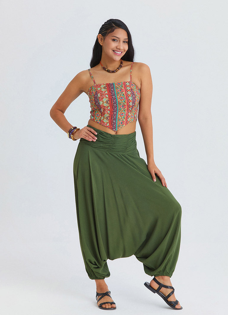 Drape Waist Elasticated Khaki Womens Bohemian Trousers 4848