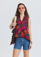 Asymmetrical Collar Shirt with Red Floral Blouse 4887
