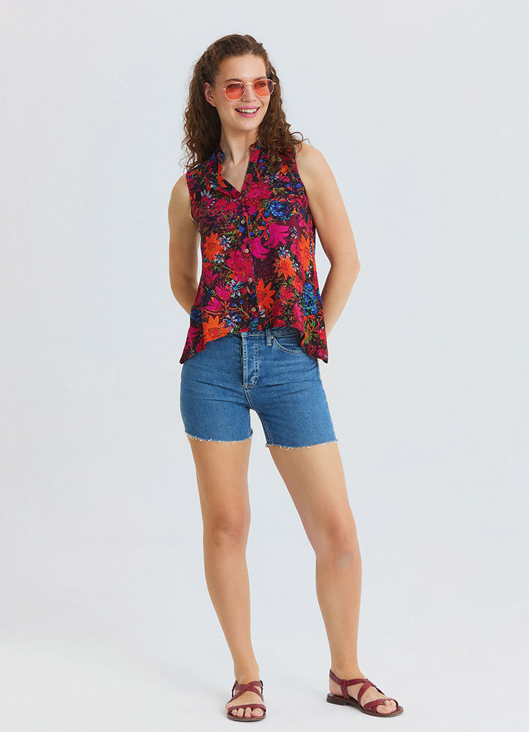 Asymmetrical Collar Shirt with Red Floral Blouse 4887