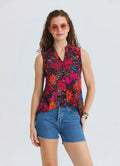Asymmetrical Collar Shirt with Red Floral Blouse 4887