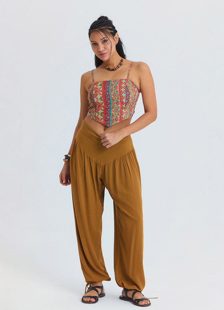 Comfortable Fit Gathered Hem Camel Women's High Waist Trousers 4853