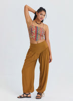 Comfortable Fit Gathered Hem Camel Women's High Waist Trousers 4853