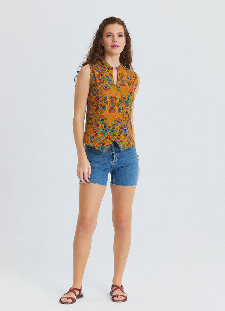 Judge Collar Cross Button Mustard Flower Blouse 4891