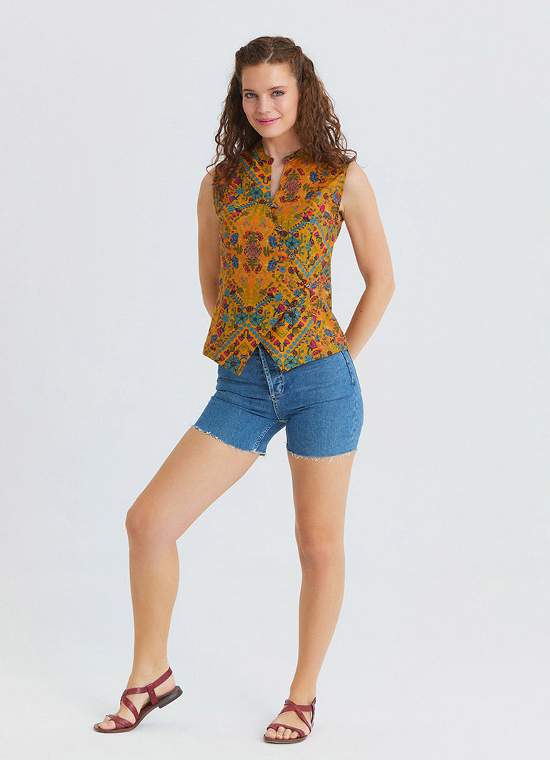 Judge Collar Cross Button Mustard Flower Blouse 4891