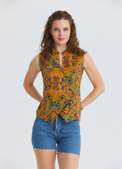 Judge Collar Cross Button Mustard Flower Blouse 4891