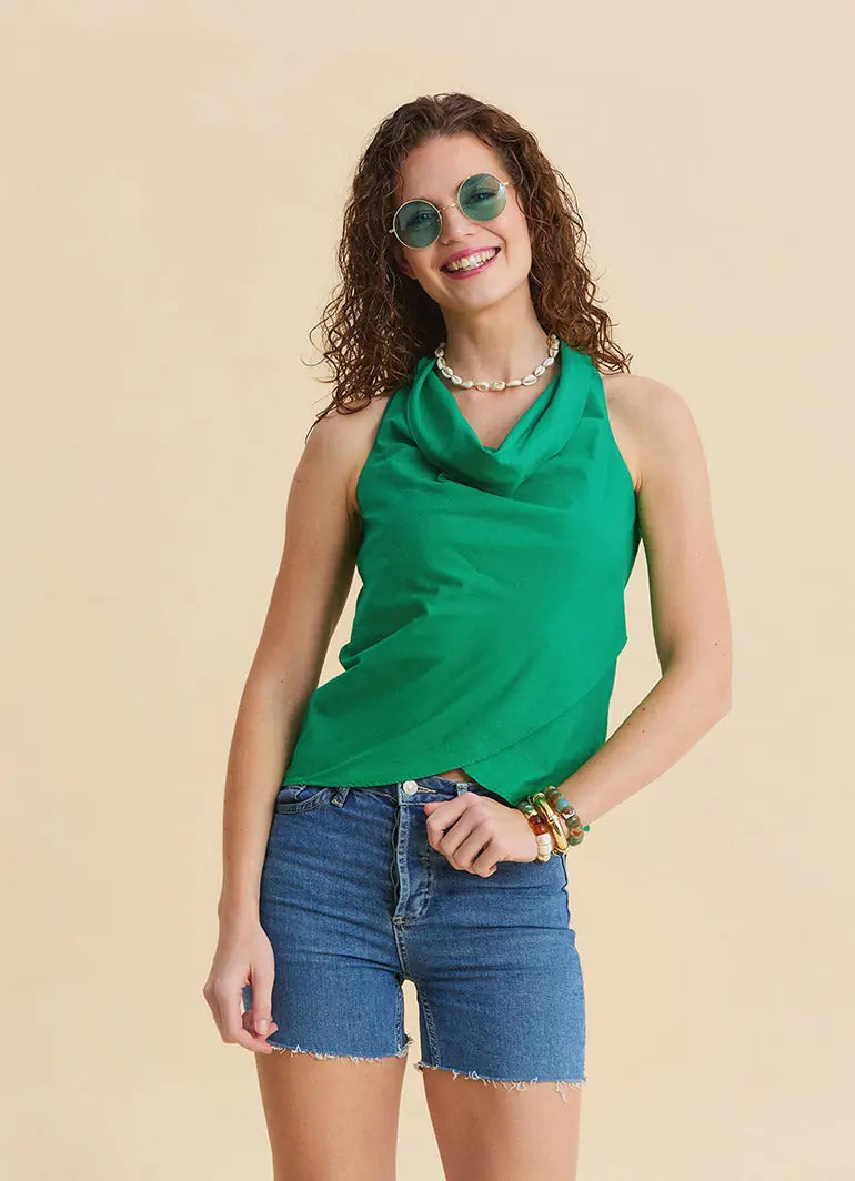Sleeveless Drape Neck Asymmetrical Green Boho Top
