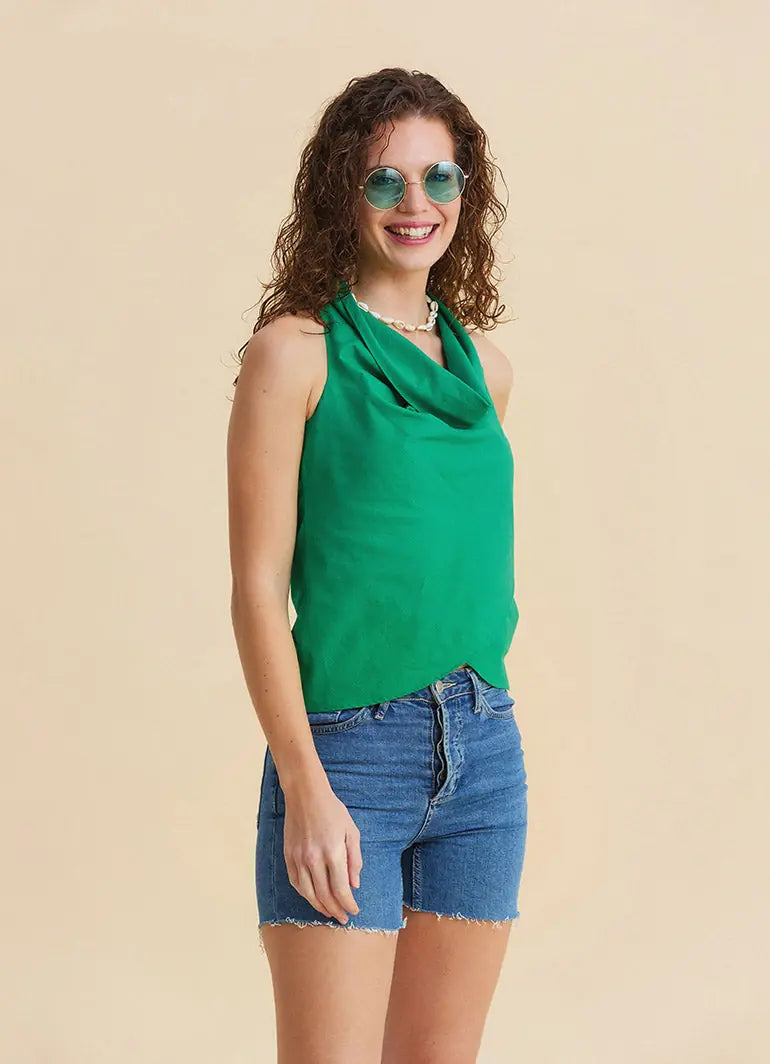 Sleeveless Drape Neck Asymmetrical Green Boho Top