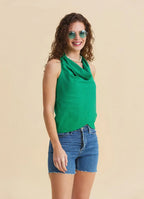 Sleeveless Drape Neck Asymmetrical Green Boho Top