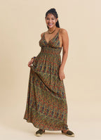 V Neck Backless Green Floral Dress 4822