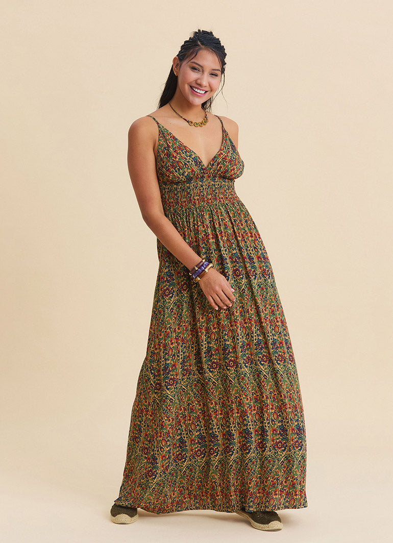 V Neck Backless Green Floral Dress 4822