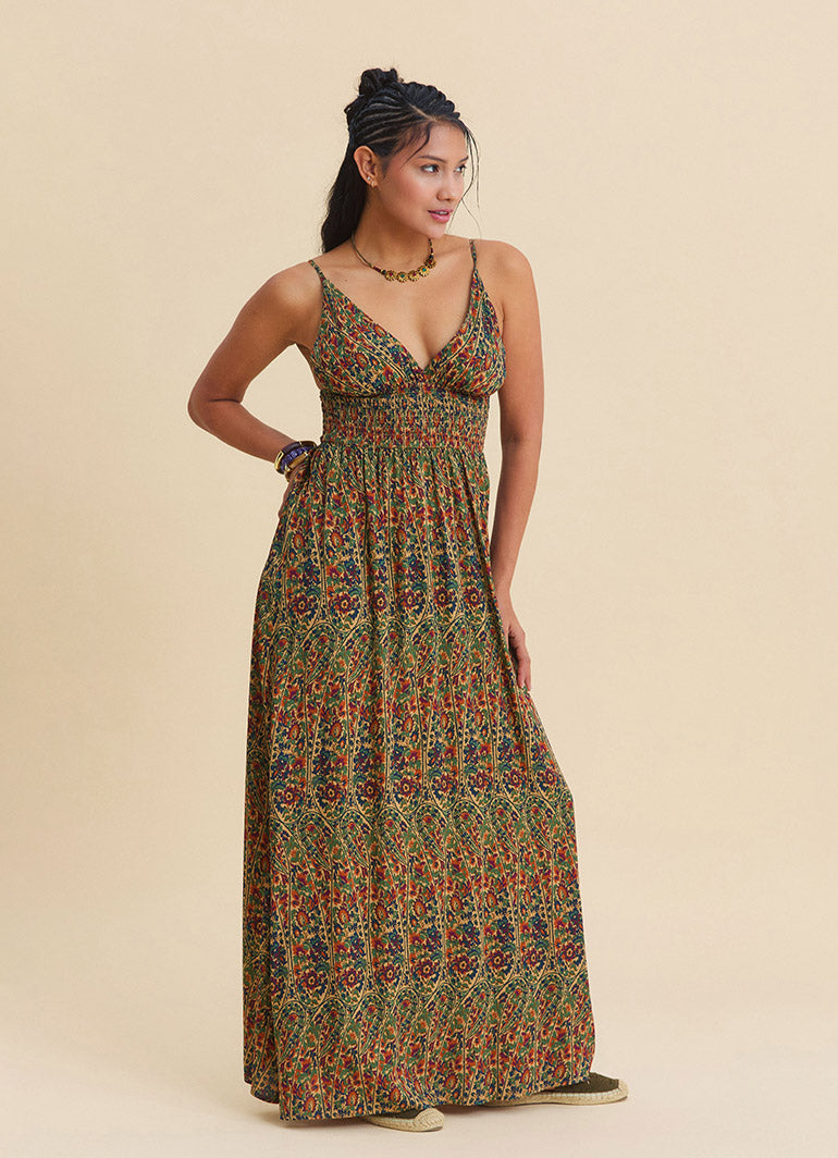 V Neck Backless Green Floral Dress 4822