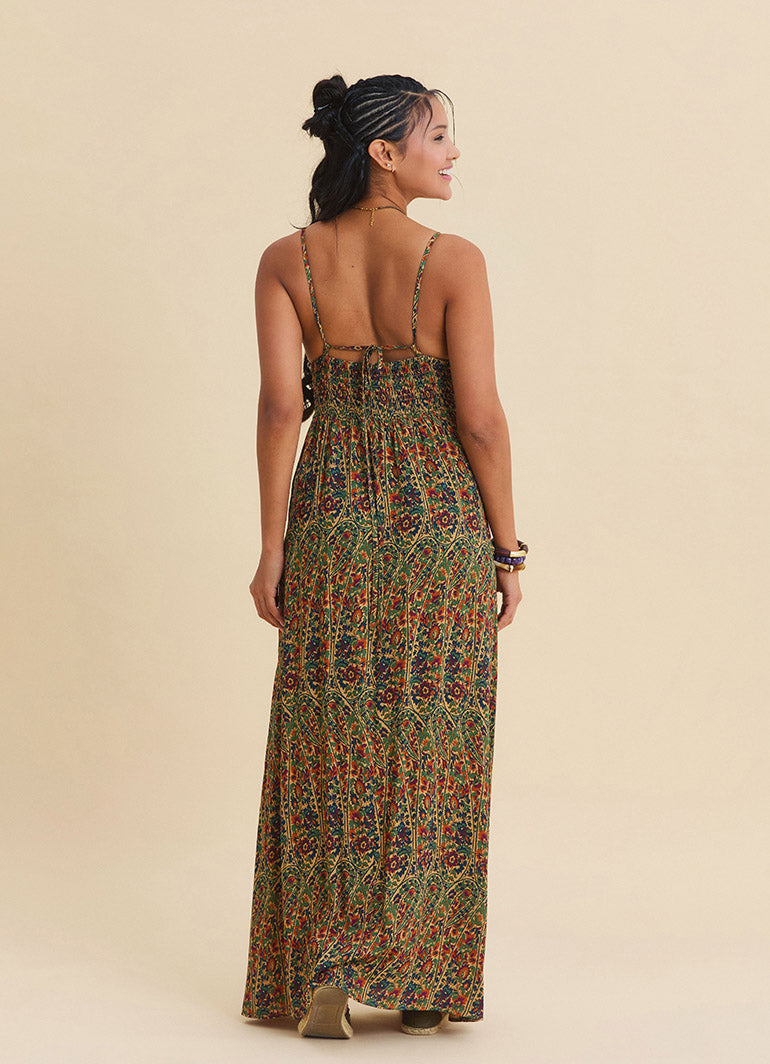 V Neck Backless Green Floral Dress 4822