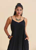 Wide Collar, Thin Straps Black Long Dress 4811