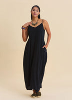 Wide Collar, Thin Straps Black Long Dress 4811