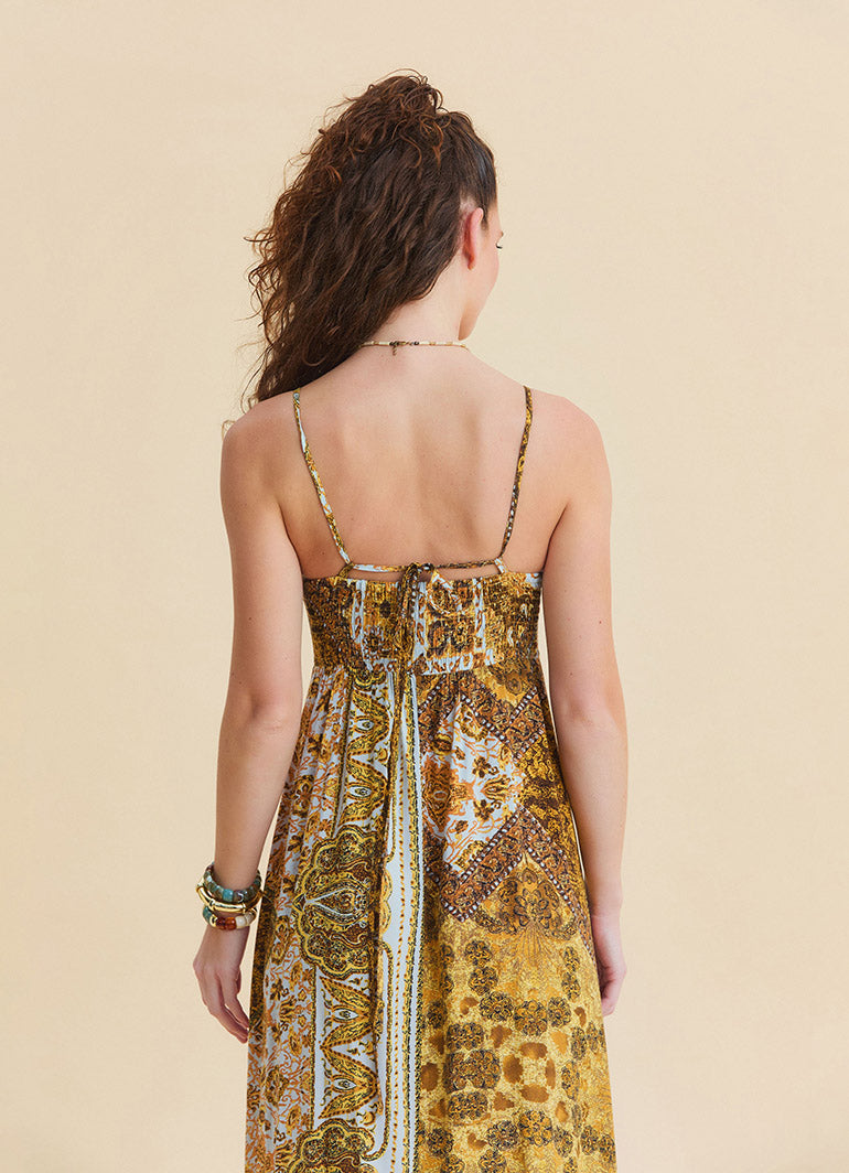 Thin Strapped Backless Yellow Authentic Dress 4819