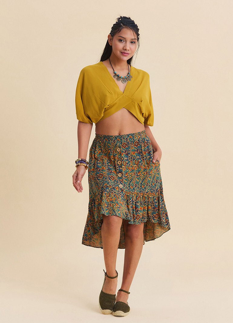 Elastic Waisted, Buttoned, Ruffled, Petrol Blue Floral Skirt 4996