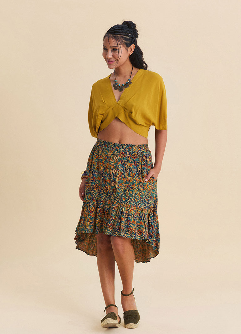 Elastic Waisted, Buttoned, Ruffled, Petrol Blue Floral Skirt 4996