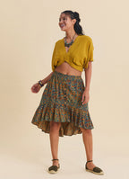 Elastic Waisted, Buttoned, Ruffled, Petrol Blue Floral Skirt 4996
