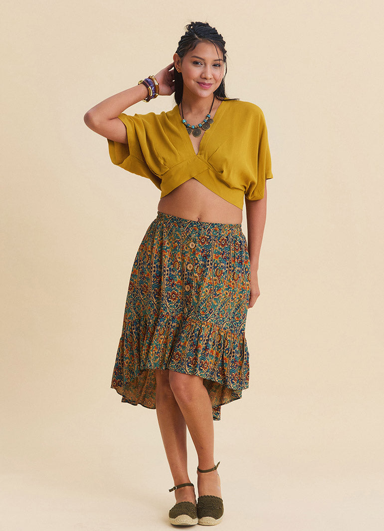 Crew Neck Backless Flowy Mustard Crop Top  4885