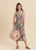 Beige Floral Dress with Thin Straps and Full Length Buttons 4829