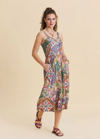 Beige Floral Dress with Thin Straps and Full Length Buttons 4829