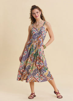Beige Floral Dress with Thin Straps and Full Length Buttons 4829
