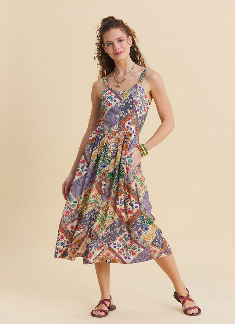 Beige Floral Dress with Thin Straps and Full Length Buttons 4829