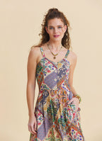 Beige Floral Dress with Thin Straps and Full Length Buttons 4829