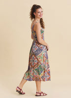 Beige Floral Dress with Thin Straps and Full Length Buttons 4829