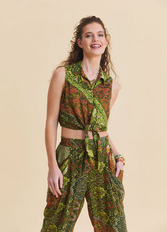 Asymmetrical Cut Green Crop Top with Shirt Collar  4964