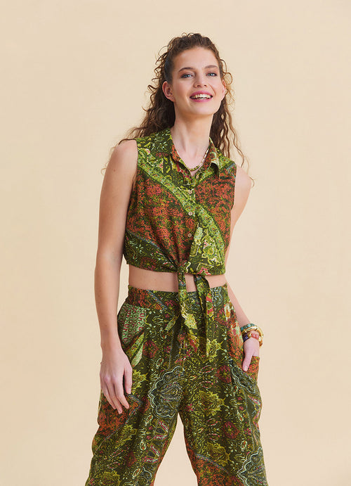 Asymmetrical Cut Green Crop Top with Shirt Collar  4964