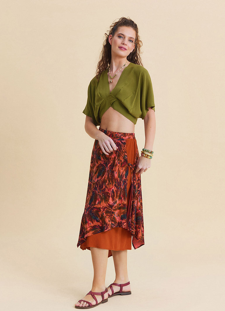 Elasticated Waist Double Layered Coral Asymmetrical Skirt 4910