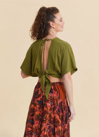 Crew Neck Backless Flowy Green Crop Top 4883