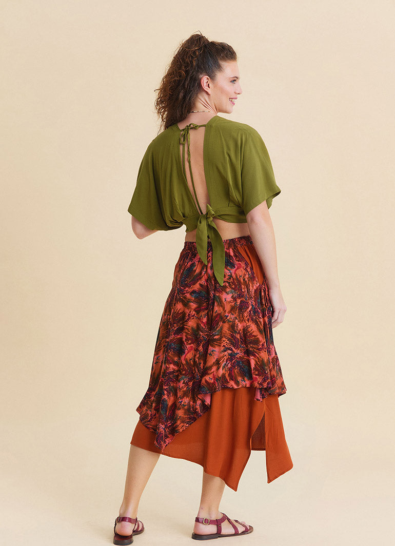 Elasticated Waist Double Layered Coral Asymmetrical Skirt 4910