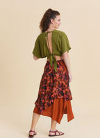 Elasticated Waist Double Layered Coral Asymmetrical Skirt 4910