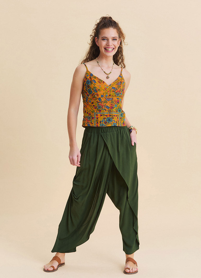 Women's Bohemian Trousers with Elasticated Waistband and Cross-Over Detail 4845