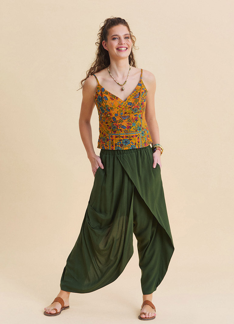 Women's Bohemian Trousers with Elasticated Waistband and Cross-Over Detail 4845